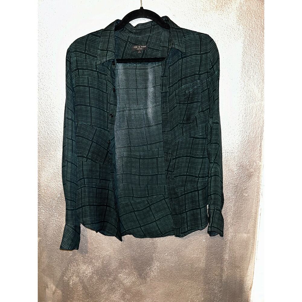 Rag & Bone Academia Grunge 100% Silk Black & Green Plaid Button Up Top  Blouse